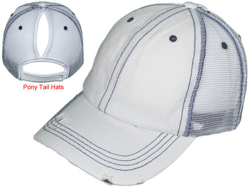 PONYTAIL TRUCKER HATS - WOMEN LOW PROFILE VINTAGE UNSTRUCTURED WASHED FRAYED COTTON BLEND TWILL MESH MESSY HIGH BUN BK CAPS- 5241 SKU#HT_BKC_2990P