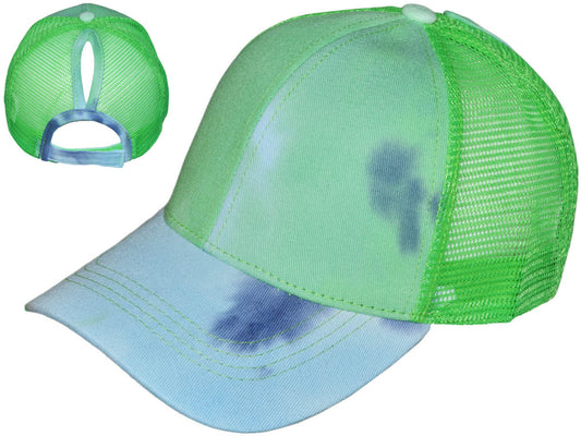 tie-Dye Ponytail Trucker Hats - Low Profile Structured Cotton/Mesh Ladies BK Caps SKU# TDLTH-5299