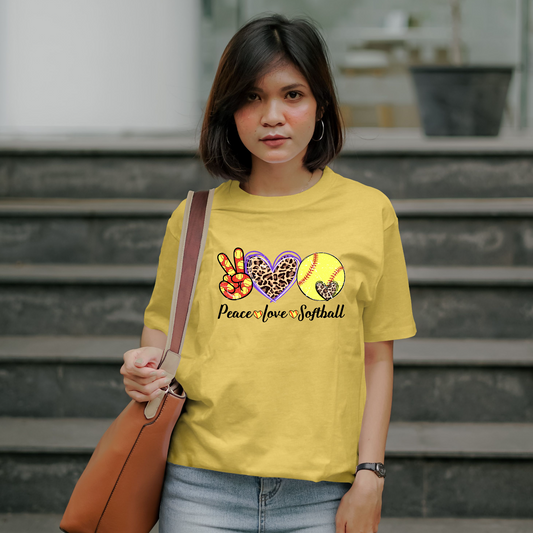 Women's Bella Canva Heather Yellow Peace Love & Softball Shirt SKU#BCHY3001CVCS91