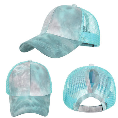 TOPTIE Tie Dye Ponytail Vintage Messy High Bun Washed Cotton Baseball Cap Adjustable Mesh Trucker Hat SKU#	3CAP-PA0120
