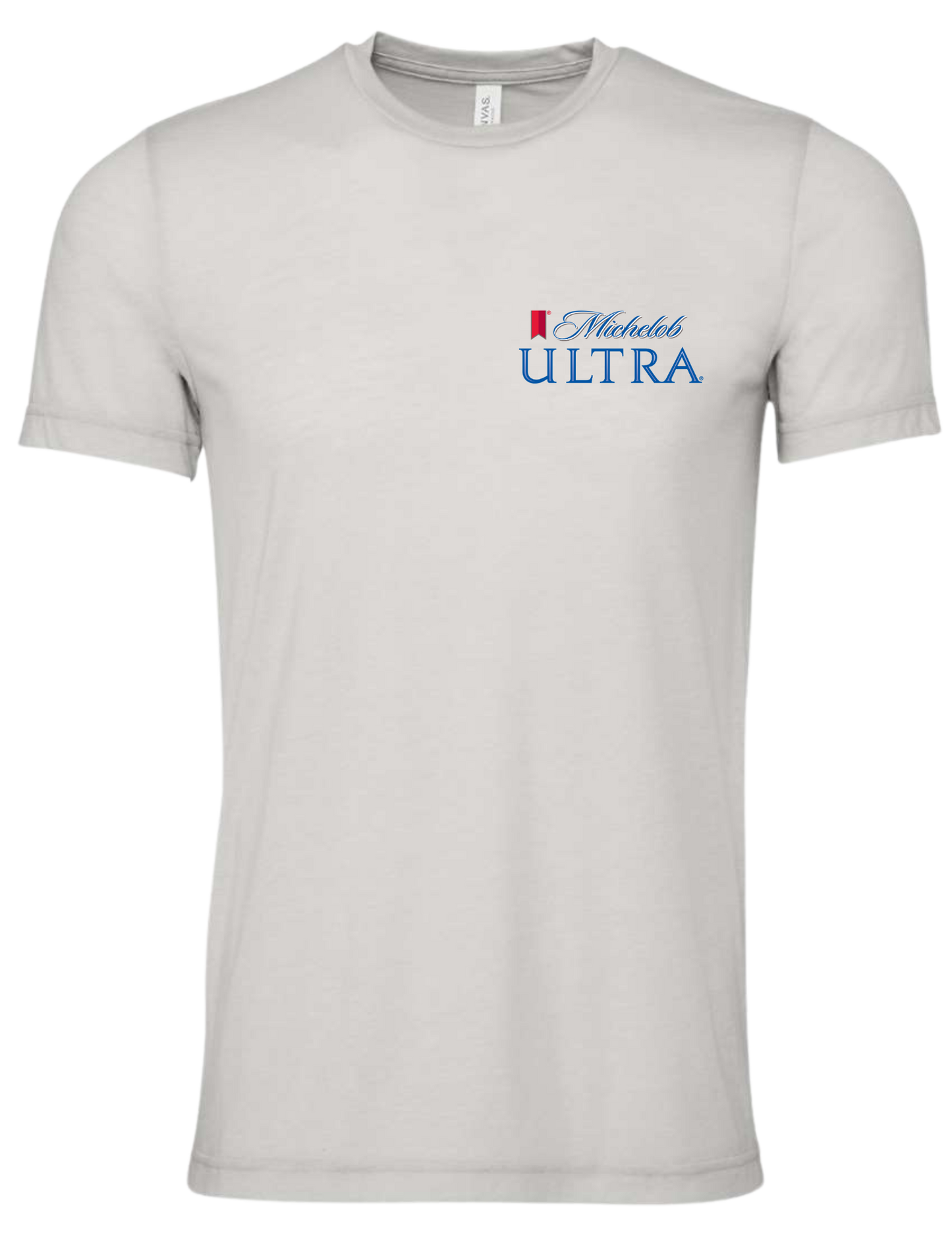 Bella Canva Trump holding a Michelob Ultra Can Heather Cool Grey Jersey Shirt 3001CVC SKU#BCHCGRY3001CVC00706S170