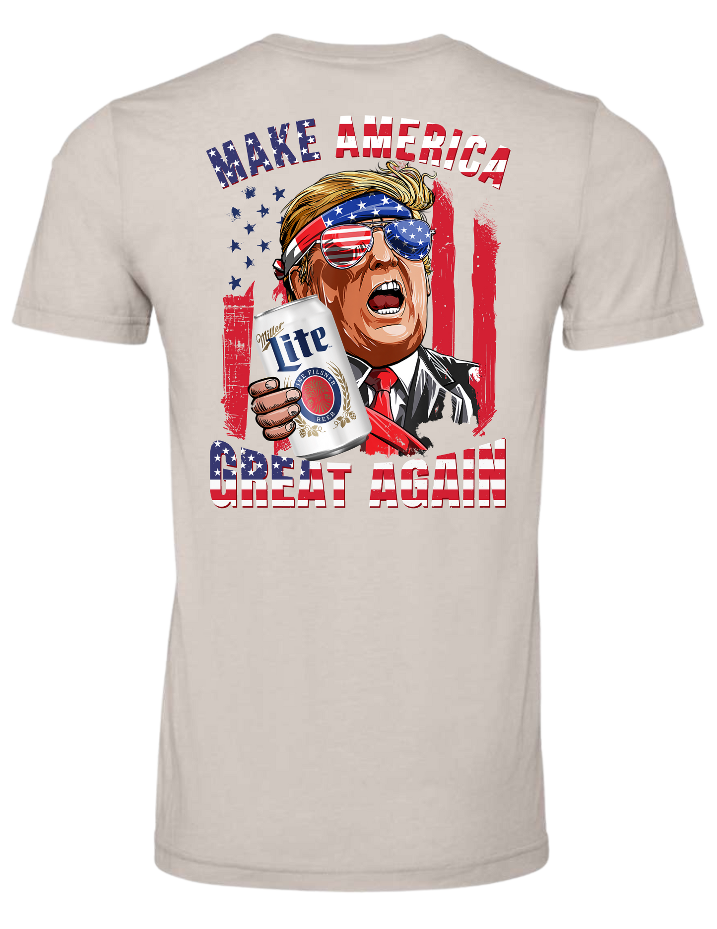 Bella Canva Trump holding a Miller Lite Can Heather Cool Grey Jersey Shirt 3001CVC SKU#BCHCGRY3001CVC00706S169