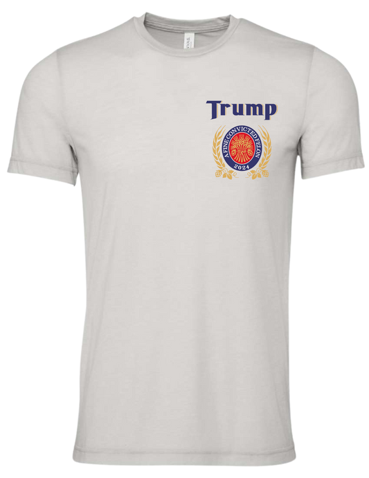 Bella Canva Trump holding a Miller Lite Can Heather Cool Grey Jersey Shirt 3001CVC SKU#BCHCGRY3001CVC00706S169