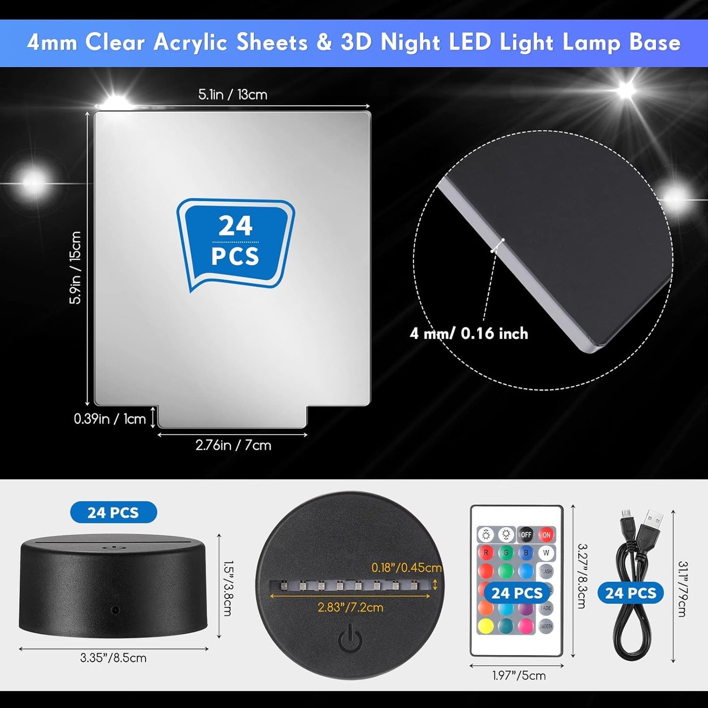 3D Night Led Light Base and Clear Blank Acrylic Sheet with Remote Controls and USB Cable, Adjustable 16 Colors DIY Acrylic Lamp Base Set SKU#3DADP