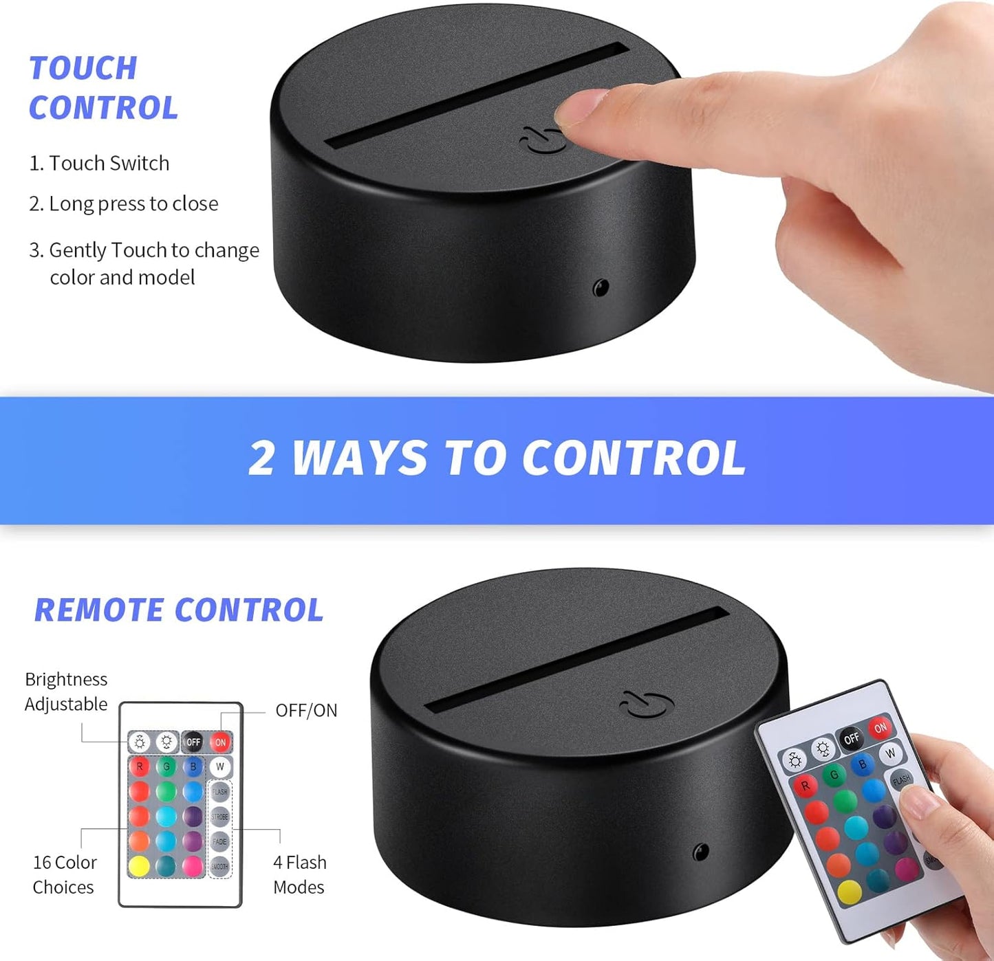 3D Night Led Light Base and Clear Blank Acrylic Sheet with Remote Controls and USB Cable, Adjustable 16 Colors DIY Acrylic Lamp Base Set SKU#3DADP