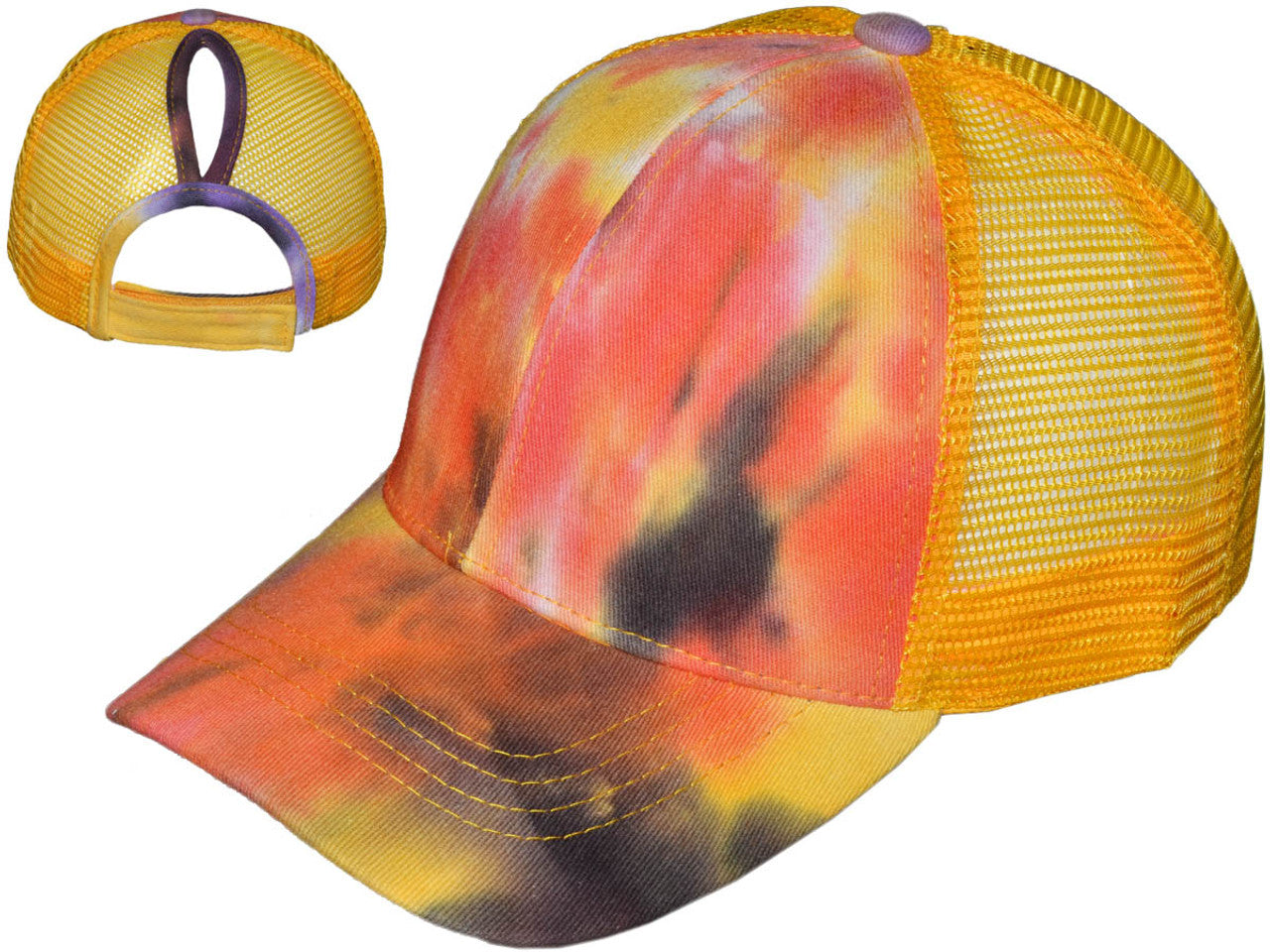 tie-Dye Ponytail Trucker Hats - Low Profile Structured Cotton/Mesh Ladies BK Caps SKU# TDLTH-5299